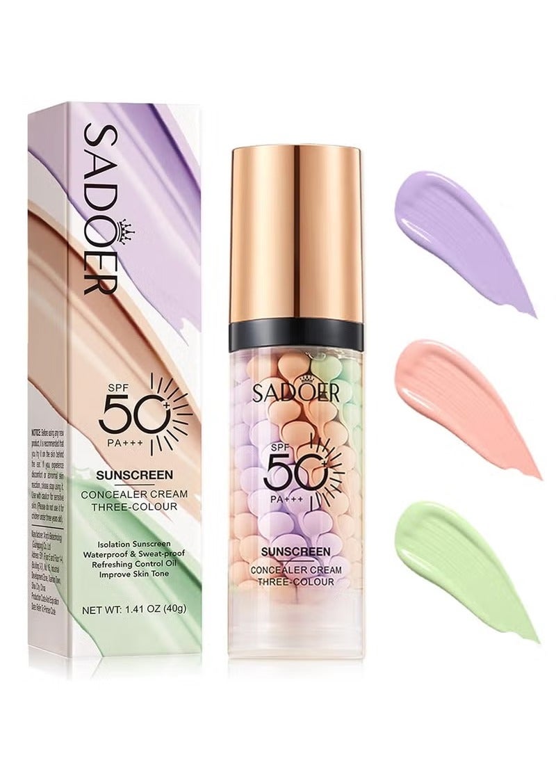 SADOER One Step Color Corrector Tricolor Primer for Face Before Makeup SPF 50 Face Moisturizing Isolation Cream Sweatproof and Oil Control Brightening Daily Primer CrueltyFree - Image 1