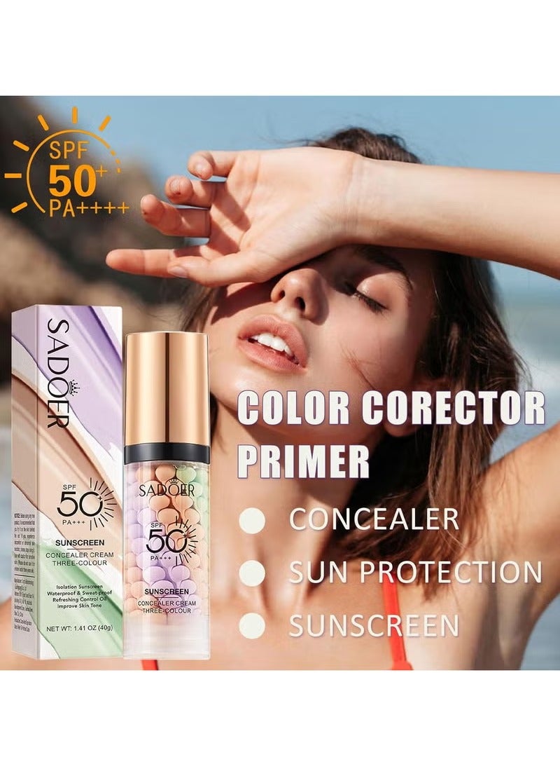 SADOER One Step Color Corrector Tricolor Primer for Face Before Makeup SPF 50 Face Moisturizing Isolation Cream Sweatproof and Oil Control Brightening Daily Primer CrueltyFree - Image 2