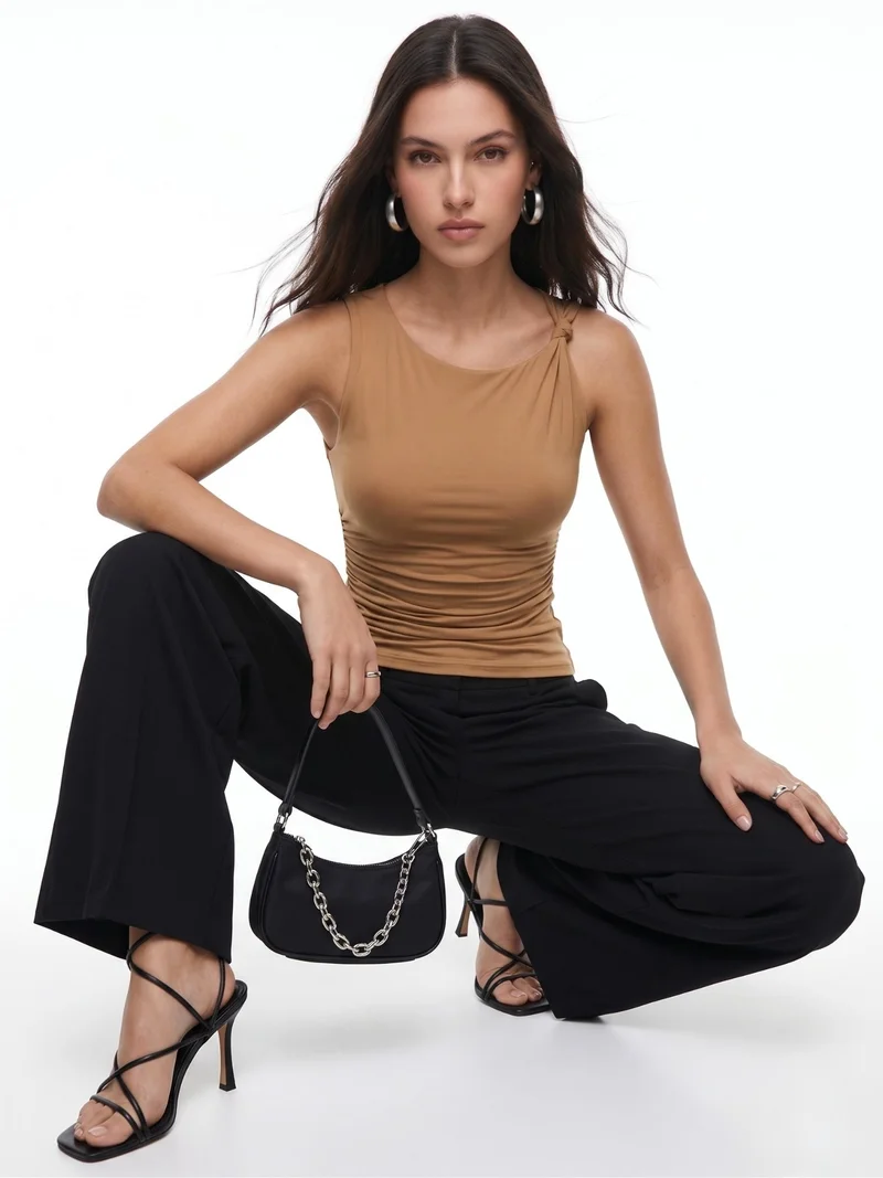 Outzidr  Brown Knot Detail Sleeveless Polyamide Top for Women | Best Price UAE