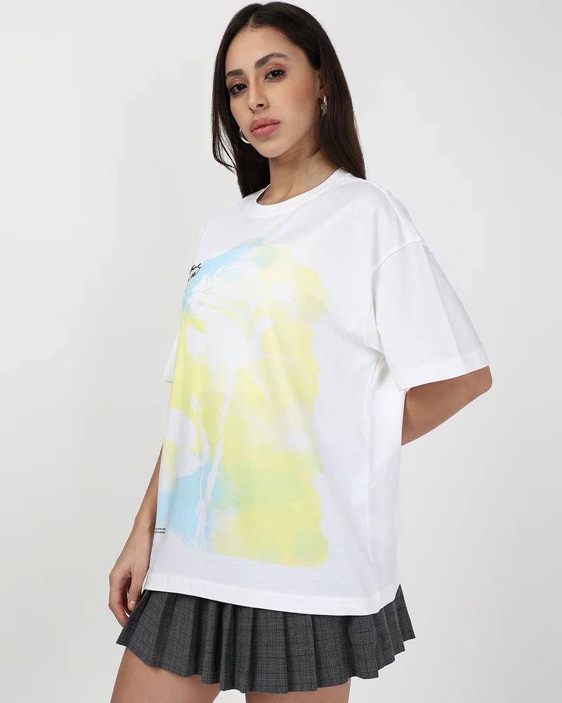 bewakoof Women's White Patience Graphic Printed Oversized T-shirt