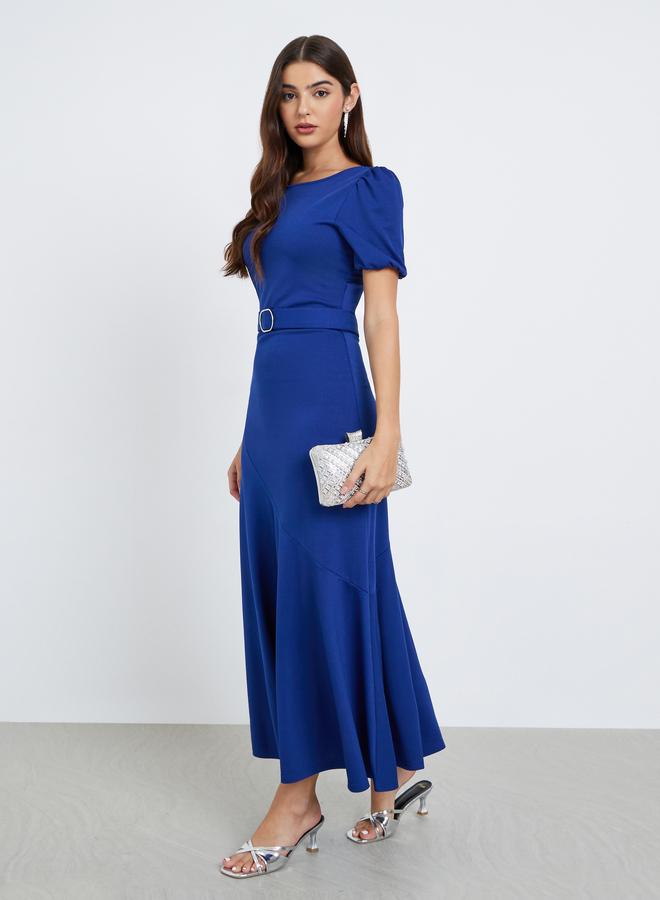 Styli Blue Puff Sleeves Maxi Dress with Buckle Accent - Image 2