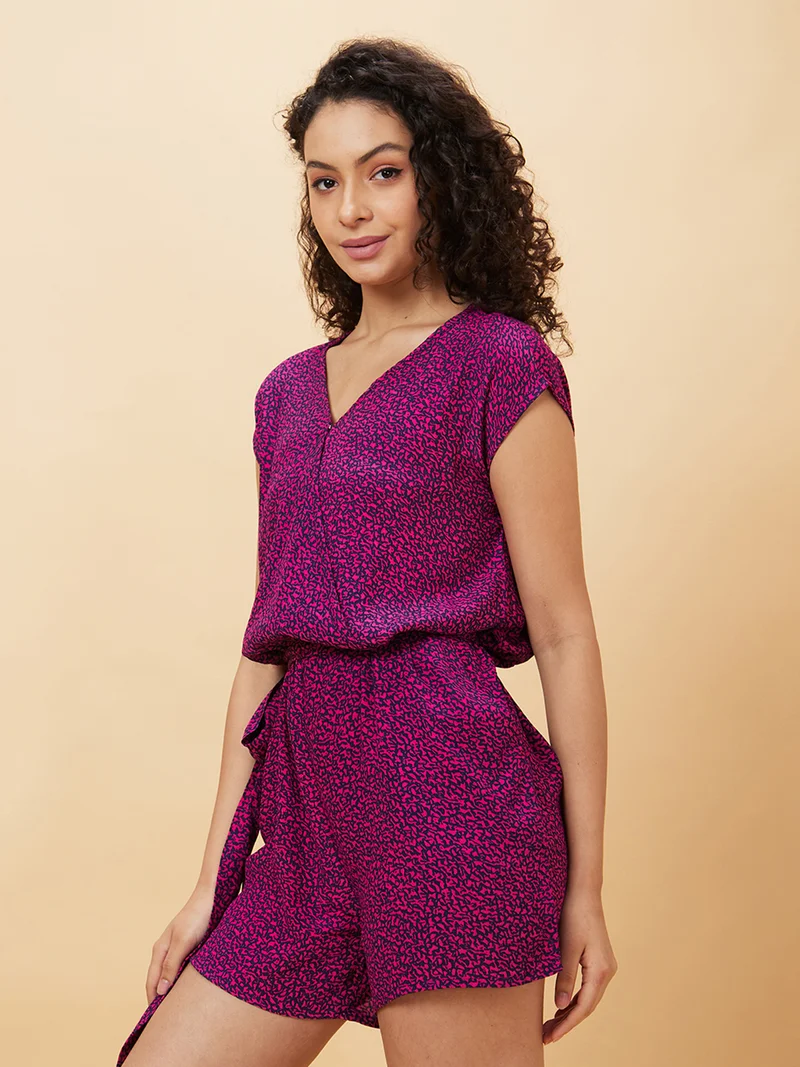 جلو باص Women Pink Printed V-Neck Playsuit
