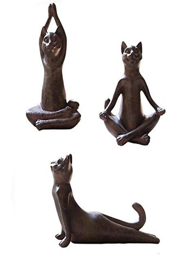 KiaoTime Set of 3 Rusty Brown Vintage Rustic Decorative Resin Animal Cat Yoga Pose Statue, Kitty Yoga Figurine Statue, Meditation Room Yoga Figurine, Yoga Pose Statue, Yoga Sculpture - Image 4