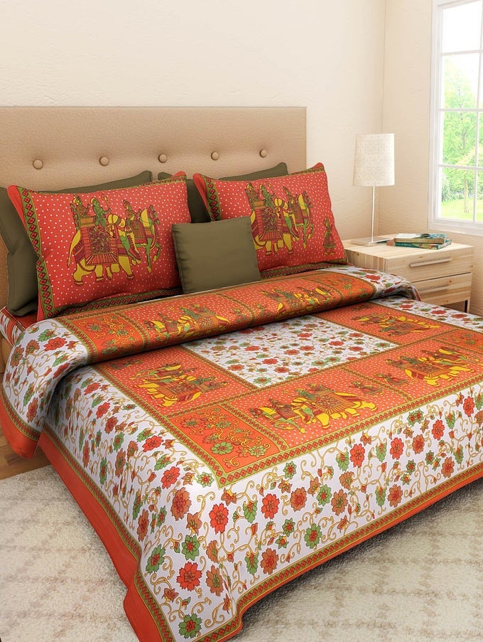 COTTON FLORAL RAJASTHANI JAIPURI TRADITIONAL KING SIZE DOUBLE BED BEDSHEET WITH 2 PILLOW COVERS ORANGE