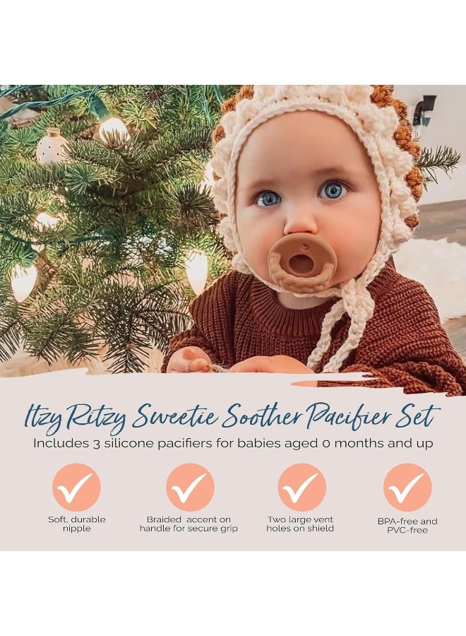 Itzy Ritzy لهاية سيليكون إيتزي ريتزي للمواليد الجدد - مجموعة اللهايات إيتزي مع مقبض قابل للطي وثقبين للتهوية لزيادة الأمان للأعمار من المواليد الجدد وما فوق، مجموعة قهوة وكريمة من 3 قطع باللون الأبيض، البيج والبني - Image 3