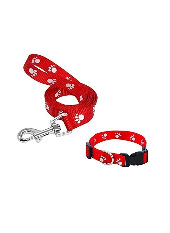 Adjustable Nylon Paw Print Design Cute Collar And Leash Set With Bell For Dogs & Cat (15 Mm, Red) - Image 1