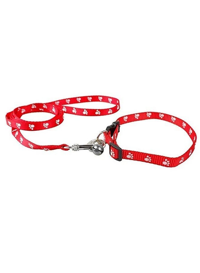 Adjustable Nylon Paw Print Design Cute Collar And Leash Set With Bell For Dogs & Cat (15 Mm, Red) - Image 4