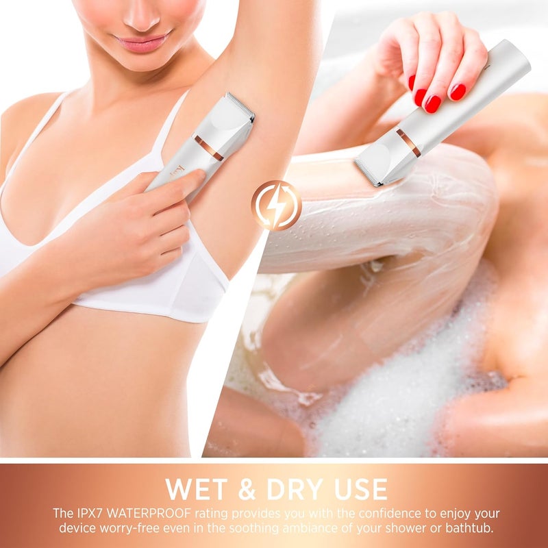 Kaphio Electric Bikini Trimer Shaver Women: 2 in 1 IPX7 Waterproof Wet & Dry Use Body Hair Trimmer and Facial Hair Remover - Rechargeable Hair Removal Kit for Bikini Underarm Leg Arm Face (Pearl White) - Image 2