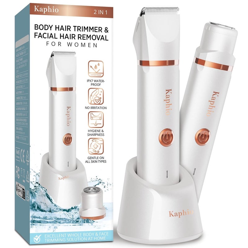 Kaphio Electric Bikini Trimer Shaver Women: 2 in 1 IPX7 Waterproof Wet & Dry Use Body Hair Trimmer and Facial Hair Remover - Rechargeable Hair Removal Kit for Bikini Underarm Leg Arm Face (Pearl White) - Image 1