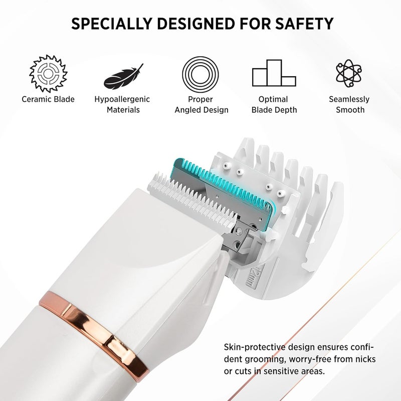 Kaphio Electric Bikini Trimer Shaver Women: 2 in 1 IPX7 Waterproof Wet & Dry Use Body Hair Trimmer and Facial Hair Remover - Rechargeable Hair Removal Kit for Bikini Underarm Leg Arm Face (Pearl White) - Image 5