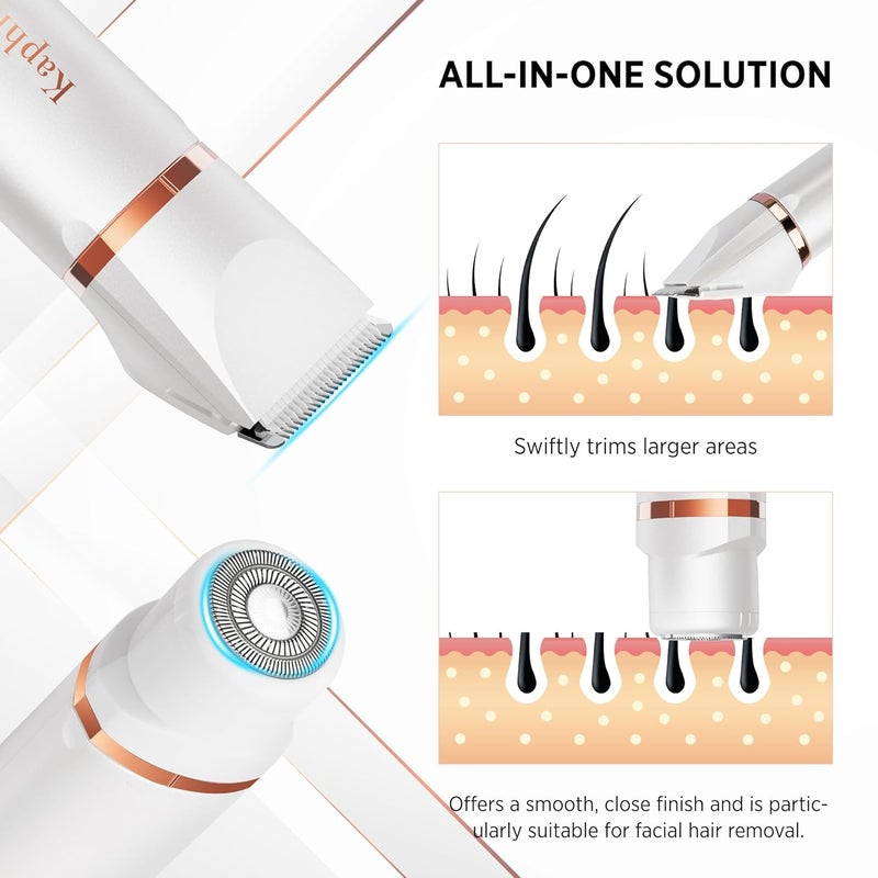 Kaphio Electric Bikini Trimer Shaver Women: 2 in 1 IPX7 Waterproof Wet & Dry Use Body Hair Trimmer and Facial Hair Remover - Rechargeable Hair Removal Kit for Bikini Underarm Leg Arm Face (Pearl White) - Image 4