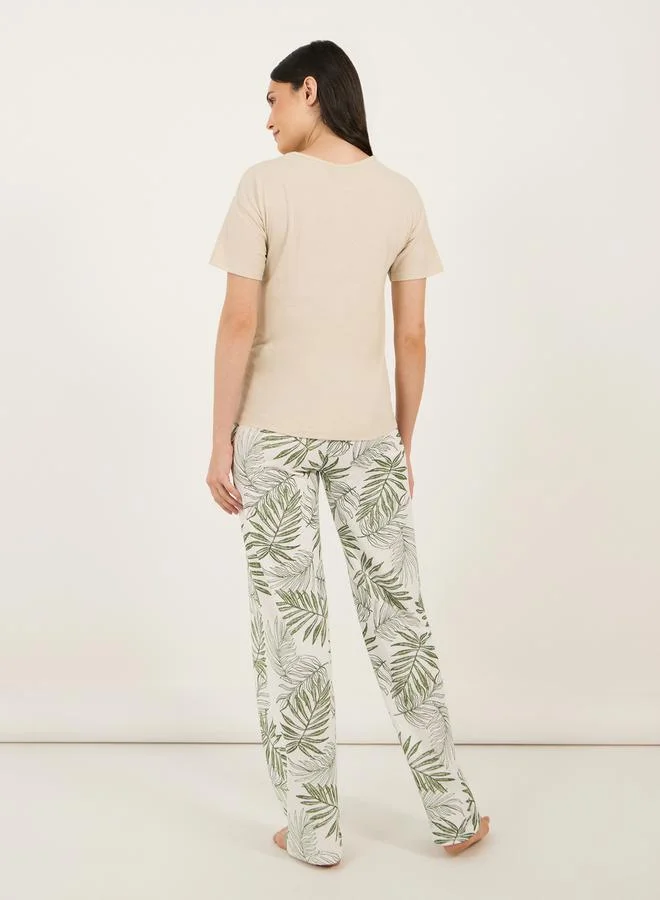 Styli Sketchy Palm Print Pocket Dropped Shoulder T-Shirt & Pyjama Set