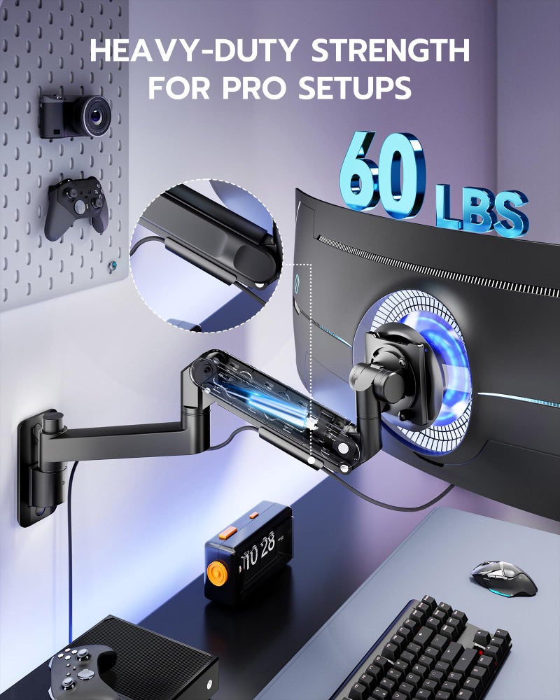 ARES WING حامل جدار ARES WING لشاشات الألعاب العريضة من 24 إلى 57 بوصة، ذراع شاشة ثقيلة الوزن تتحمل 60 رطل، حركة كاملة بنابض غاز، رأس محمل لتعديل سهل، تركيب VESA 75/100، أسود - Image 3