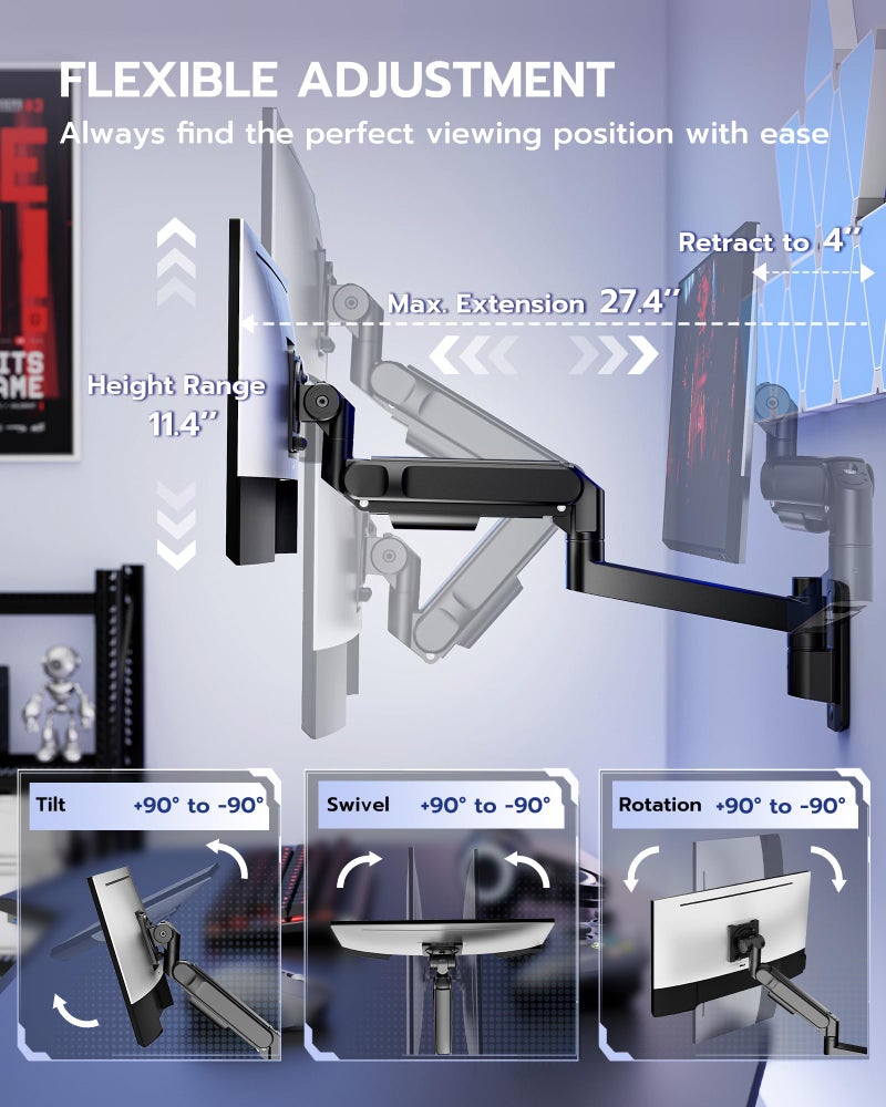 ARES WING حامل جدار ARES WING لشاشات الألعاب العريضة من 24 إلى 57 بوصة، ذراع شاشة ثقيلة الوزن تتحمل 60 رطل، حركة كاملة بنابض غاز، رأس محمل لتعديل سهل، تركيب VESA 75/100، أسود - Image 5