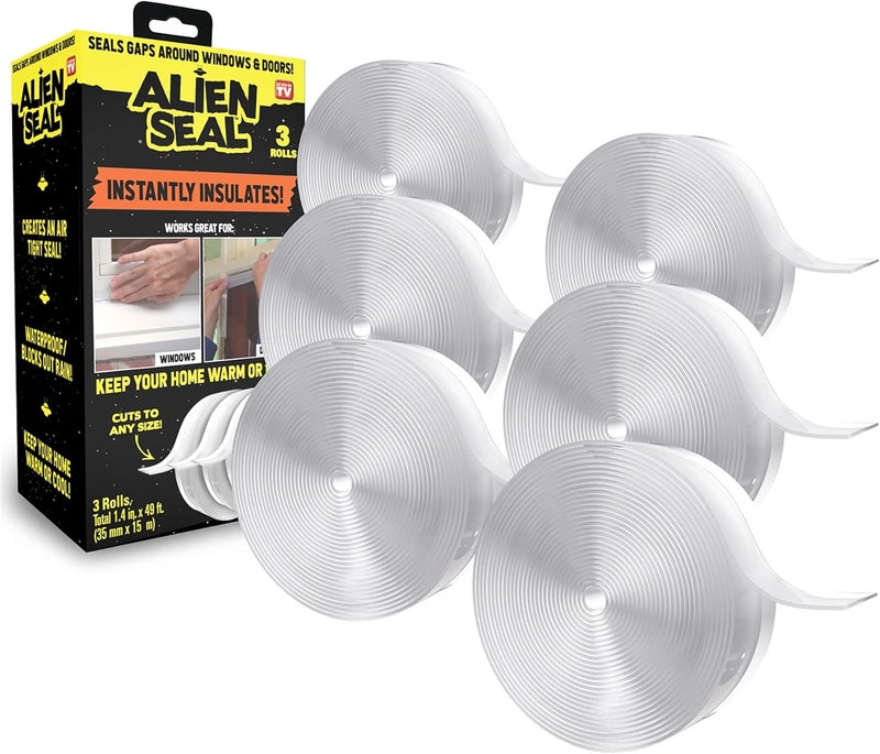 ALIEN TAPE Alien Draft Seal Transparent Silicone Seal Strip Anti-Draft Adhesive and Flexible Flap to Seal Gaps Around Doors Showers and Windows Weather Stripping Insulator Tape As Seen On TV Set of 2 (6 Rolls) - Image 1