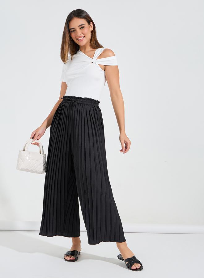 Styli Solid Wide Leg Paper Bag Waist Pleated Pants - Image 1