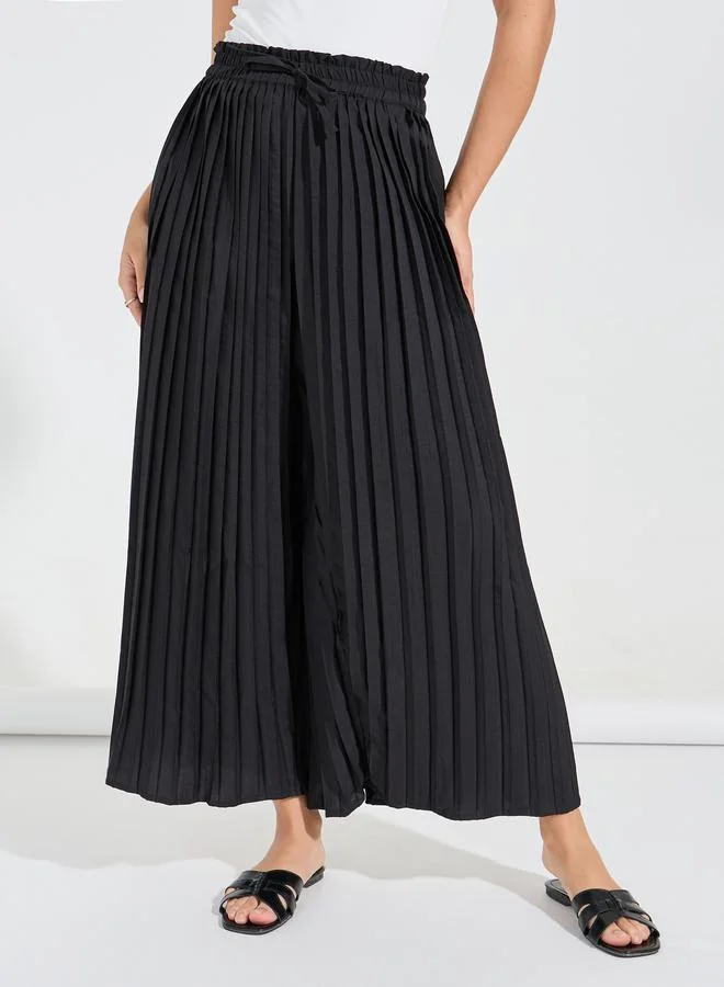 Styli Solid Wide Leg Paper Bag Waist Pleated Pants