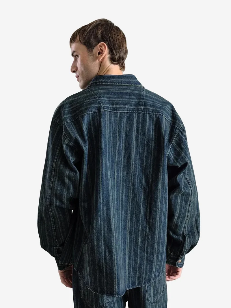 Giesto Navy Blue GIESTO Striped Denim Button-Up Shirt with Pocket for Men | Best Price UAE