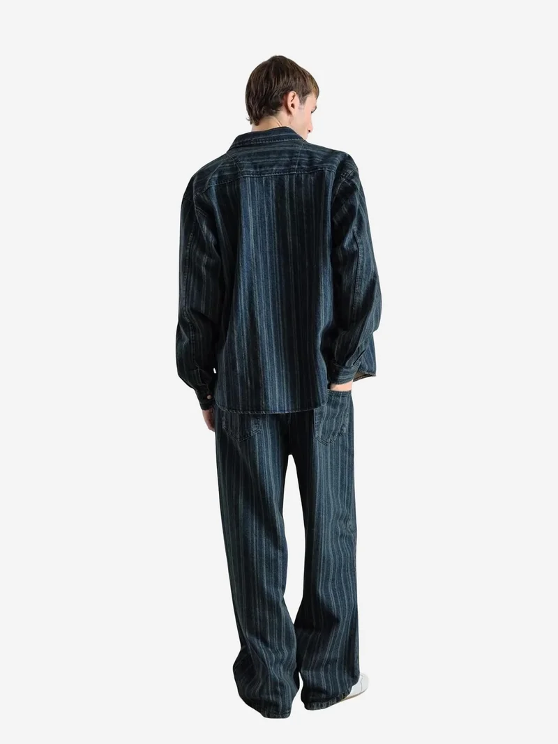 Giesto Navy Blue GIESTO Striped Denim Button-Up Shirt with Pocket for Men | Best Price UAE