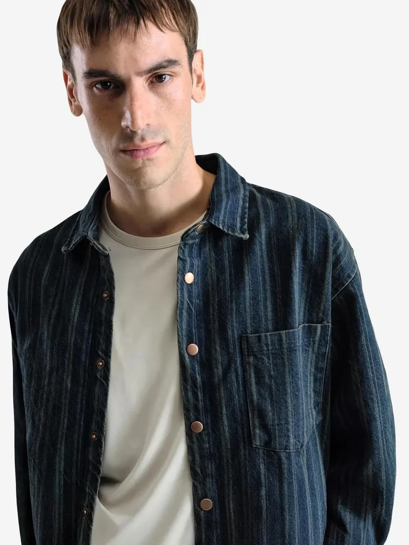 جيستو GIESTO Striped Denim Button-Up Shirt with Pocket