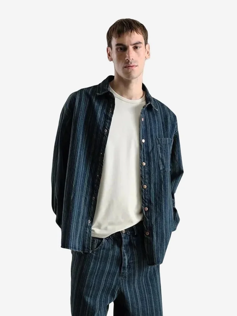 GIESTO Striped Denim Button-Up Shirt with Pocket