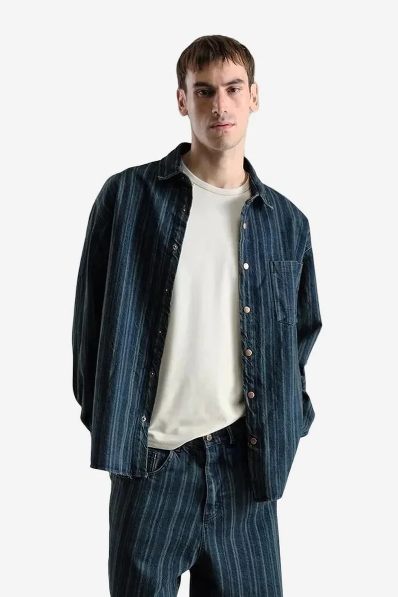 GIESTO Striped Denim Button-Up Shirt with Pocket