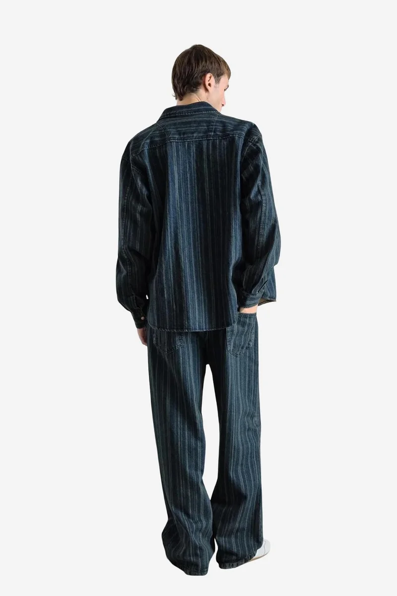 Giesto Navy Blue GIESTO Striped Denim Button-Up Shirt with Pocket for Men | Best Price UAE