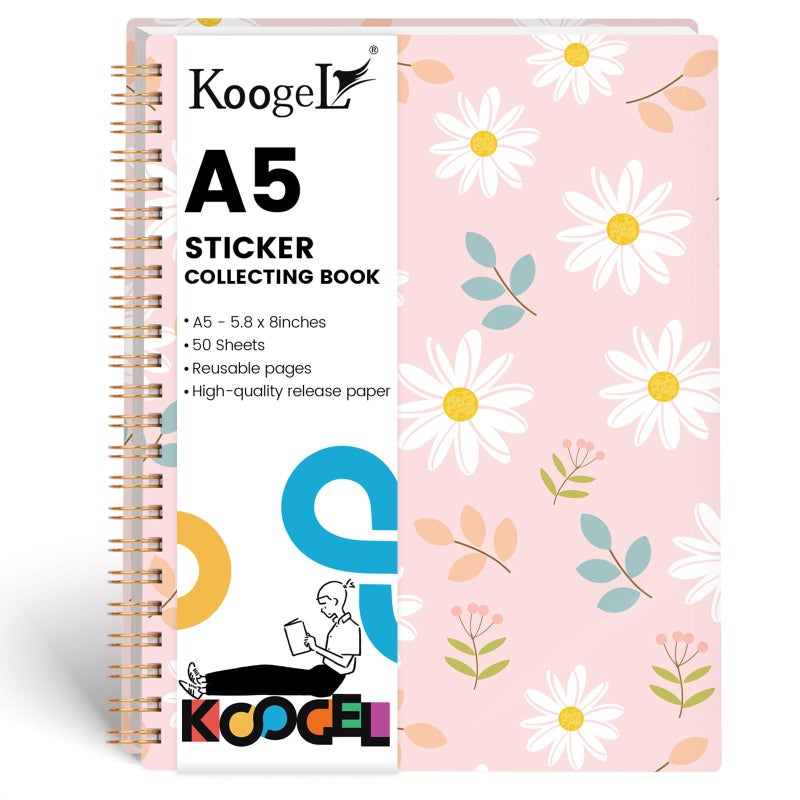 Koogel Sticker Collecting Book, Reusable Sticker Collecting Album Blank Sticker Storage Book 50 Sheets Release Paper for Sticker Keeper Holder A5 (Flower) - Image 1