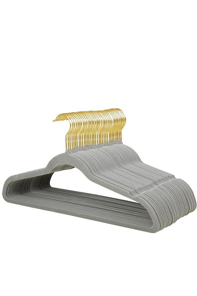 30 Pack Velvet Coat Hangers, Non Slip Felt Suit Hangers, Ultra Slim Space Saving Clothes Hanger with 360 Swivel Golden Plated Hook Grey - Image 1