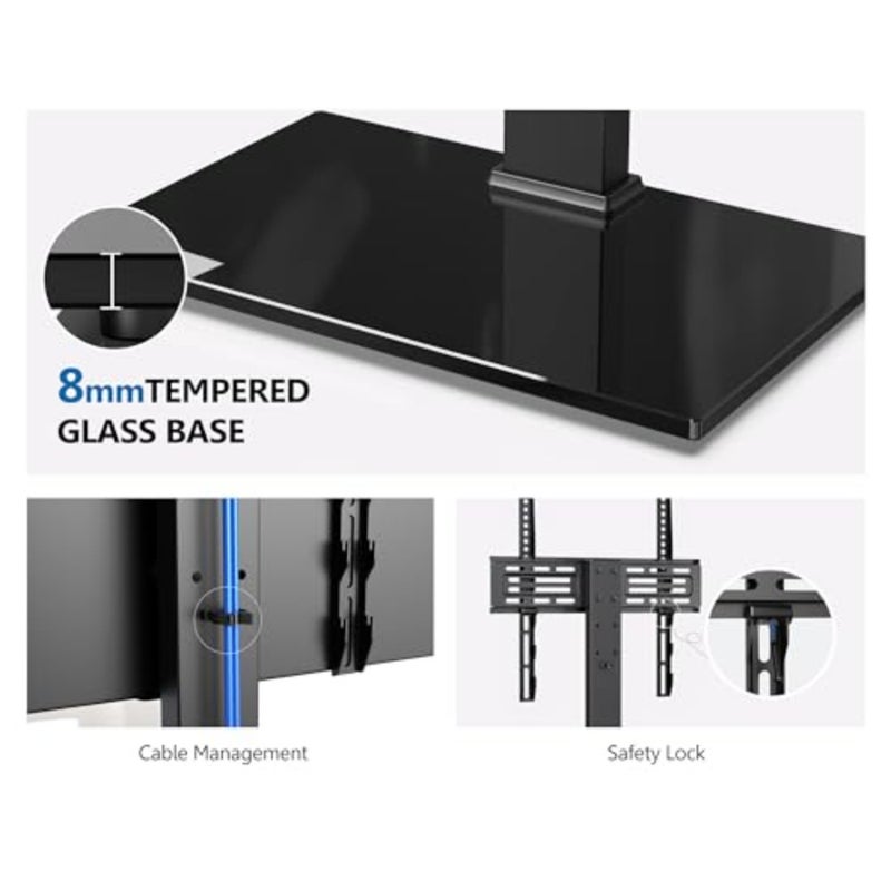Tabletop TV Stand with Safety Rope for 27-55 Inch LCD LED TVs 60 Swivel 6-Height Adjustable Tempered Glass Base Cable Management TT103702GB - Image 4