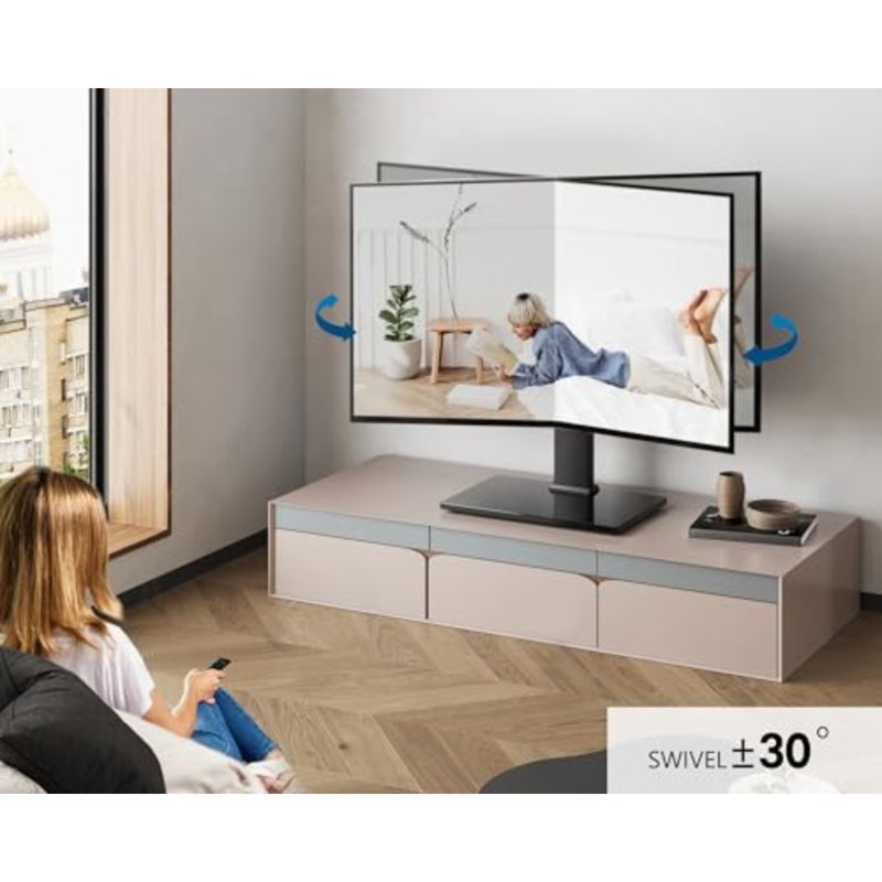 Tabletop TV Stand with Safety Rope for 27-55 Inch LCD LED TVs 60 Swivel 6-Height Adjustable Tempered Glass Base Cable Management TT103702GB - Image 3