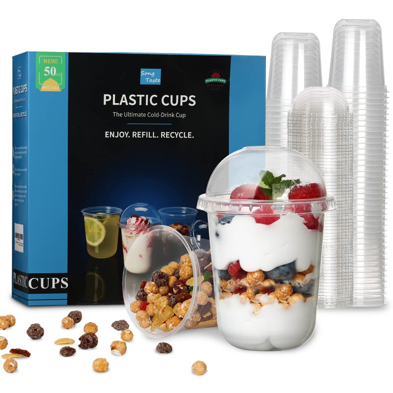 Songtaste 50 Pcs Disposable Plastic Cups12 Oz Clear Plastic Parfait Cups with Dome Lids and No HoleDessert Yogurt Fruit Holders for KidsTake Away Breakfast and SnacksCold DrinksIce CreamFruit