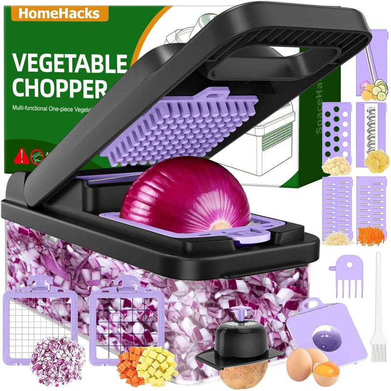 HomeHacks Vegetable Chopper Vegetable Cutter, 12 in 1 Kitchen Gadget, Dicer, Slicer, Onion Cutter, Salad, Cheese Grater & Egg Separator - Multi-Functional Veggie Chopper Lid with Handle (Purple) - Image 1