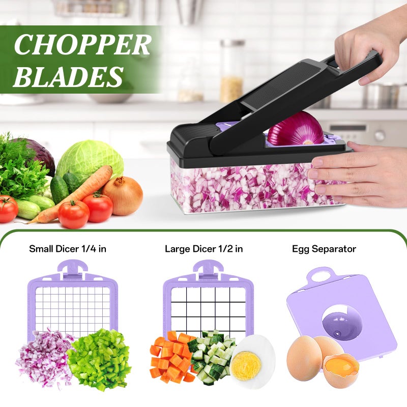 HomeHacks Vegetable Chopper Vegetable Cutter, 12 in 1 Kitchen Gadget, Dicer, Slicer, Onion Cutter, Salad, Cheese Grater & Egg Separator - Multi-Functional Veggie Chopper Lid with Handle (Purple) - Image 2