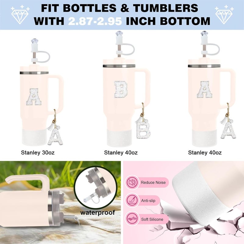Hpebl 6PCS White for Stanley Cup Accessories Set 30/40 OZ Silver Bling Rhinestone Initials Charms for Stanley Decorations Tumbler Accessories Including Diamond Straw Topper, Spill Stopper（Letter A） - Image 4