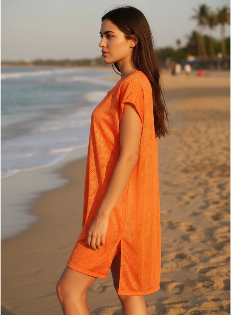 Women's Orange Oversized Beach Cover-up – One Size Fits All (50 - 120 kg) | Perfect for Beachwear & Summer Vacations - Image 4