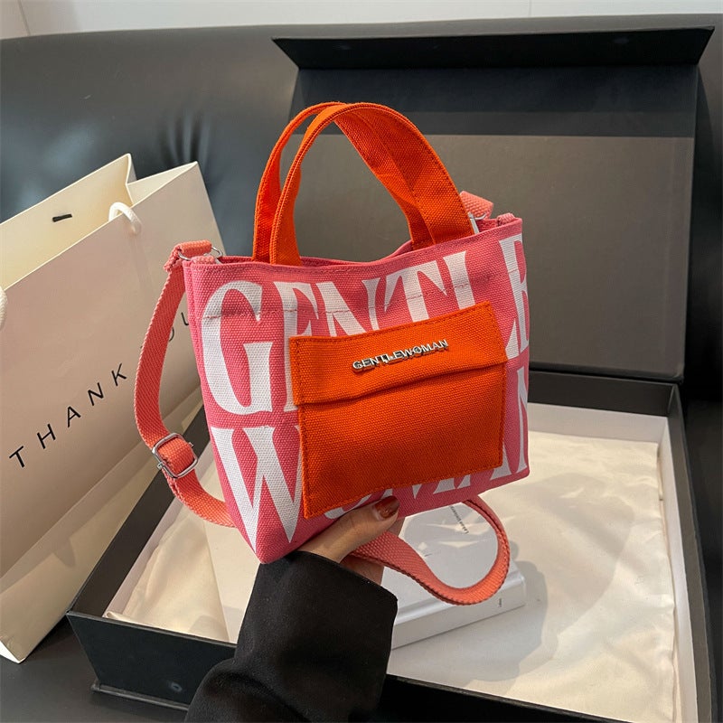 Thailand Gentle Woman Hardware Mini Letter Print Portable Canvas Bag Contrast Color Casual Shoulder Bag - Image 2
