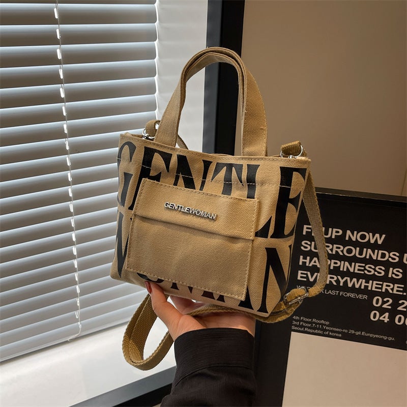 Thailand Gentle Woman Hardware Mini Letter Print Portable Canvas Bag Contrast Color Casual Shoulder Bag - Image 3