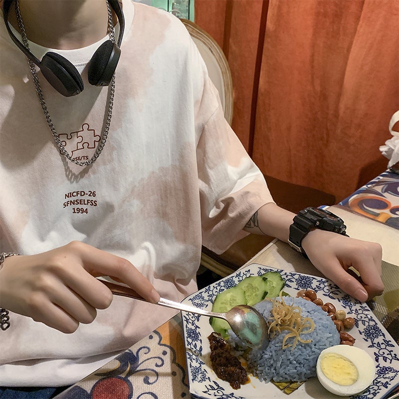 Tie-Dye Short-Sleeved Men'S T-Shirt Trendyy Brand 2025 Summer Ins Hong Kong Style Loose Three-Quarter Sleeve Trendyy Student Harajuku Style Top - Image 5