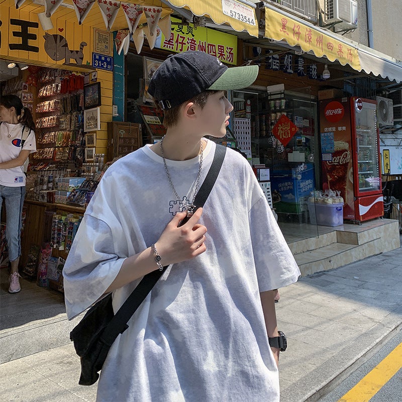 Tie-Dye Short-Sleeved Men'S T-Shirt Trendyy Brand 2025 Summer Ins Hong Kong Style Loose Three-Quarter Sleeve Trendyy Student Harajuku Style Top - Image 3