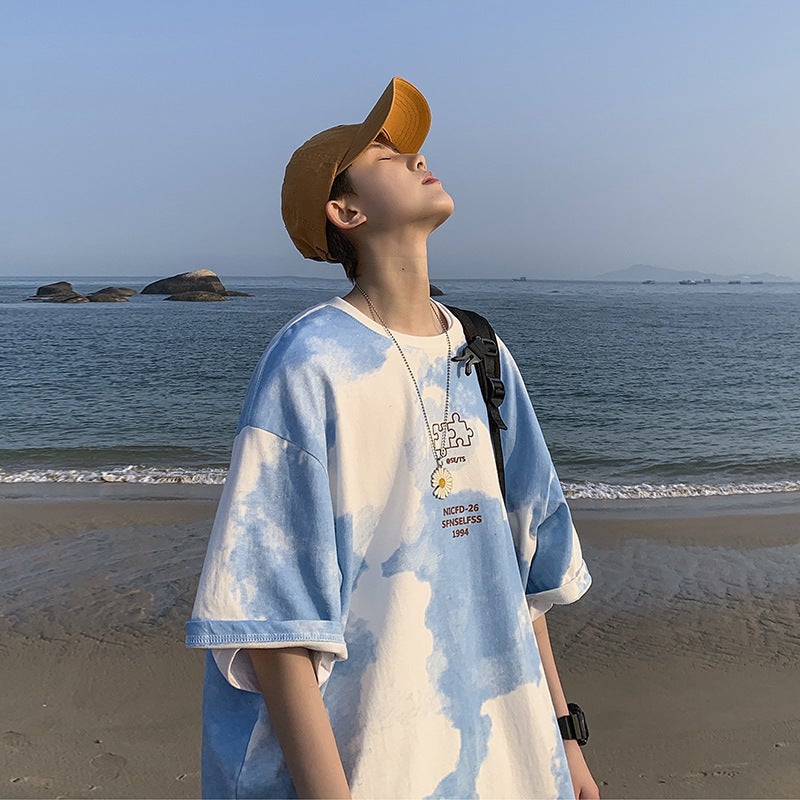 Tie-Dye Short-Sleeved Men'S T-Shirt Trendyy Brand 2025 Summer Ins Hong Kong Style Loose Three-Quarter Sleeve Trendyy Student Harajuku Style Top - Image 2