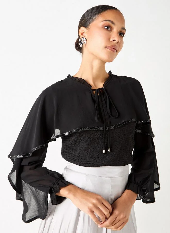 2Xtremz 2Xtremz Textured Cape Top with Tie-Up Detail and Long Sleeves