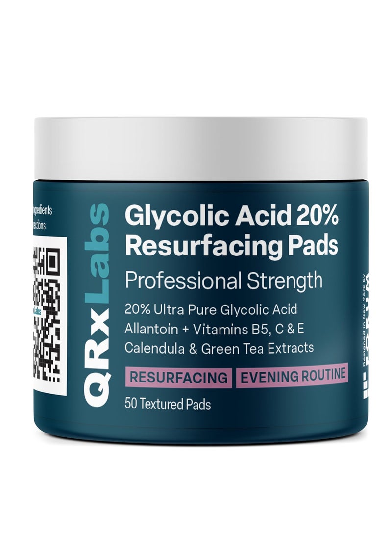 كيو آر إكس لابس وسادات تجديد البشرة بنسبة 20% من حمض الجليكوليك للوجه والجسم بفيتامينات B5، C & E، الشاي الأخضر، آذريون، ألانتوين - تقشر البشرة السطحية وتقلل الخطوط الدقيقة والتجاعيد - وسادات التقشير - Image 1