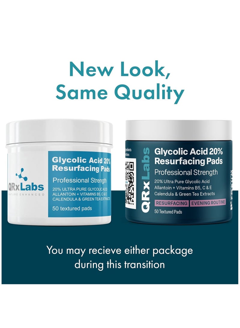 كيو آر إكس لابس وسادات تجديد البشرة بنسبة 20% من حمض الجليكوليك للوجه والجسم بفيتامينات B5، C & E، الشاي الأخضر، آذريون، ألانتوين - تقشر البشرة السطحية وتقلل الخطوط الدقيقة والتجاعيد - وسادات التقشير - Image 3