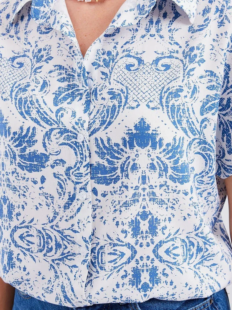 Big Dart Dark Blue Denim BDART Printed Crepe Button Shirt for Women | Best Price UAE