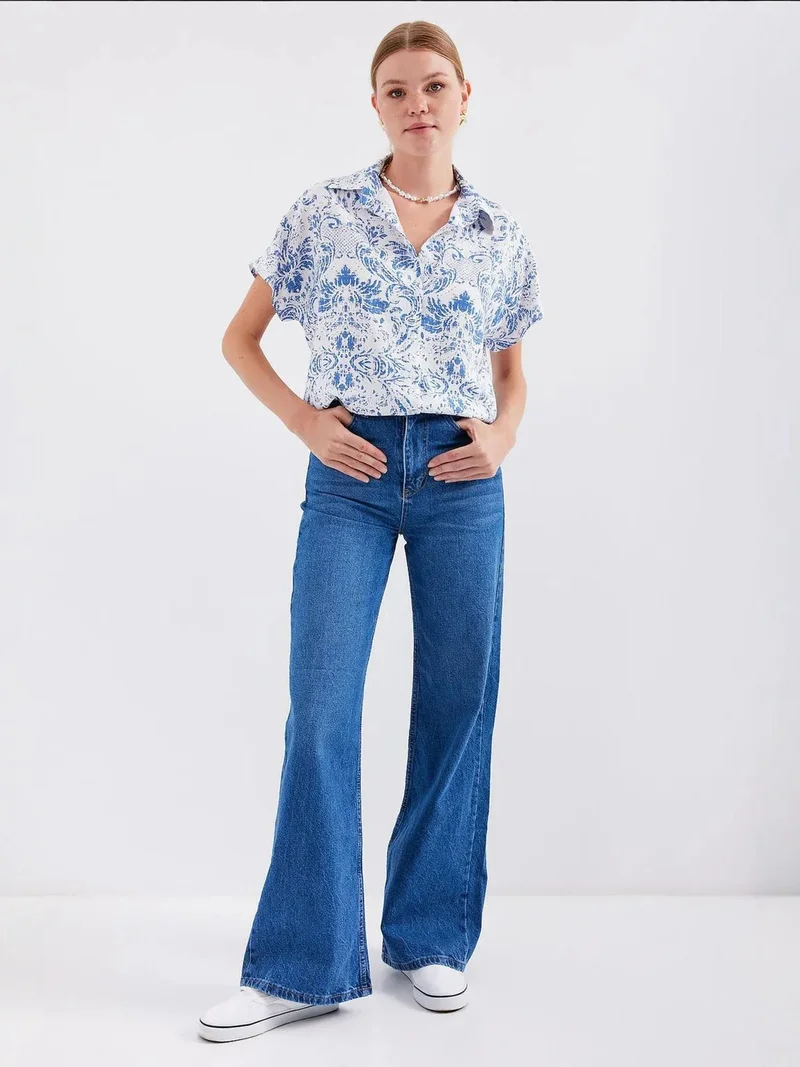Big Dart Dark Blue Denim BDART Printed Crepe Button Shirt for Women | Best Price UAE