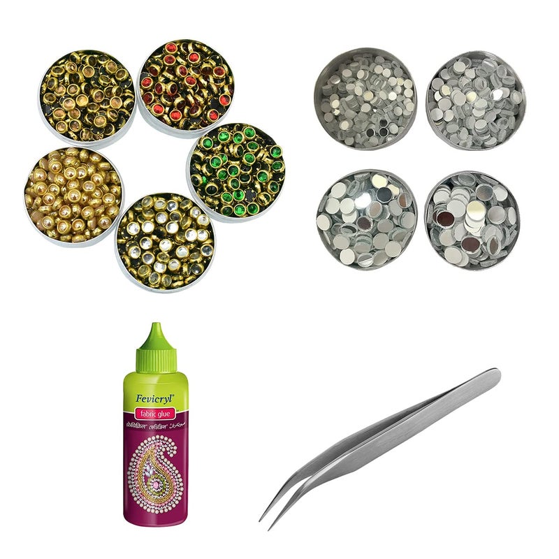 Embroiderymaterial Combo DIY Kit Of Flat Kundan Stone Beads, Grinded Shisha Mirror, Tweezers & Fabric Glue For Craft, Jewellery Making, Embroidery, Bangles Making, Embellishment, Multicolor - Image 1