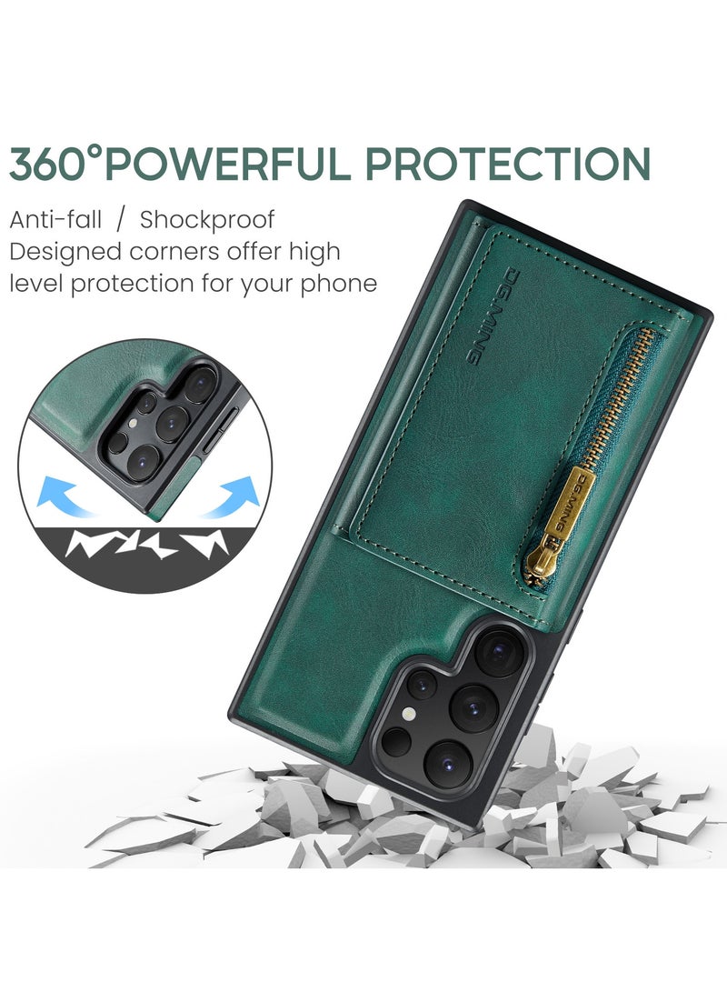 DGMING CaseMe Wallet Case for Samsung Galaxy S24 Ultra DGMING Premium Leather Phone Case Back Cover Magnetic Detachable with Trifold Wallet Card Holder Pocket - Green  - Image 2