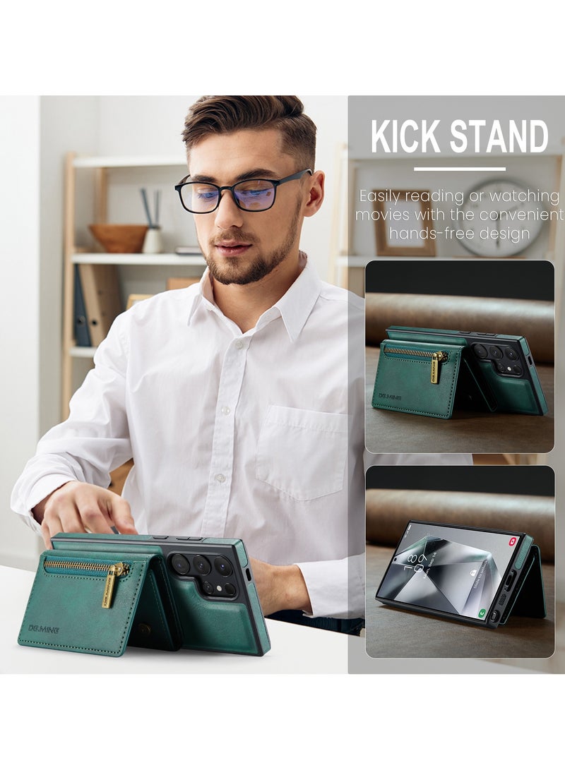 DGMING CaseMe Wallet Case for Samsung Galaxy S24 Ultra DGMING Premium Leather Phone Case Back Cover Magnetic Detachable with Trifold Wallet Card Holder Pocket - Green  - Image 5