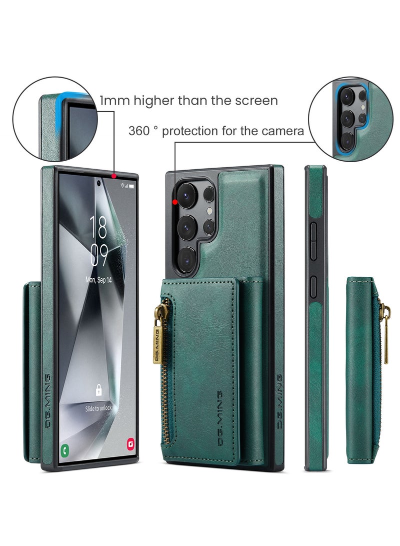 DGMING CaseMe Wallet Case for Samsung Galaxy S24 Ultra DGMING Premium Leather Phone Case Back Cover Magnetic Detachable with Trifold Wallet Card Holder Pocket - Green  - Image 3